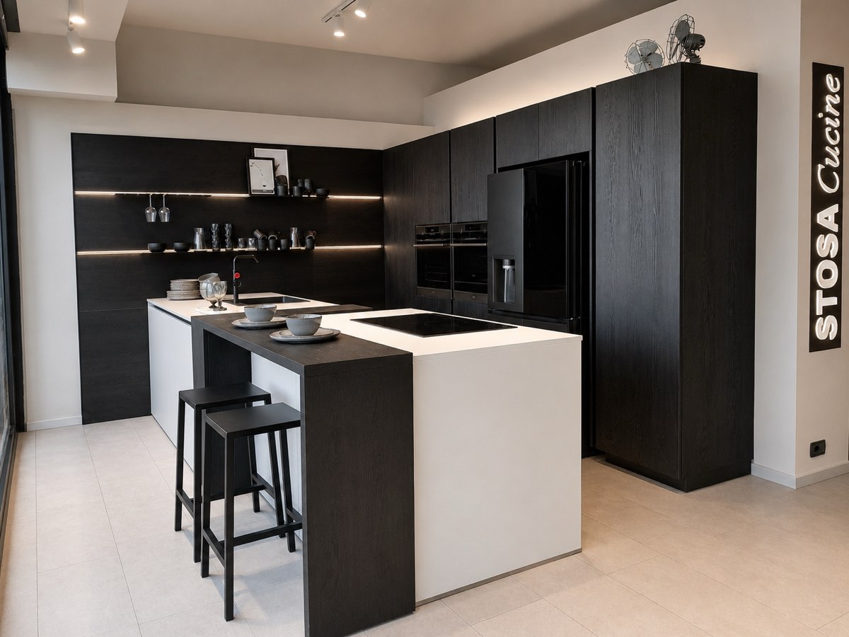 Cucina Metropolis esposta nello showroom: cucina scura con isola chiara, sgabelli e mensola illuminata